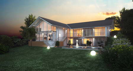luxury villa with pool - Luxus Villa mit Pool am Abend
