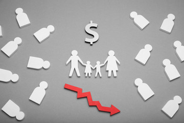 Family poverty concept, crisis and help. Budget planning, american sad parents.