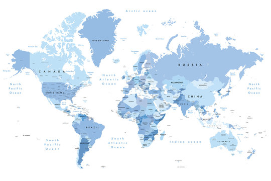 Fototapeta Kolorowa ilustracja mapy świata z nazwami krajów, nazwami państw (USA i Australia), stolicami, głównymi jeziorami i oceanami. Drukuj nie mniej niż 36 &quot 