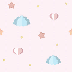 Cute nursery, children's bedroom wallpaper with paper clouds, stars and hearts. Seamless pink pattern with dotted stripes. Flat decorative background. Pastel and soft colors. Vector Illustration.