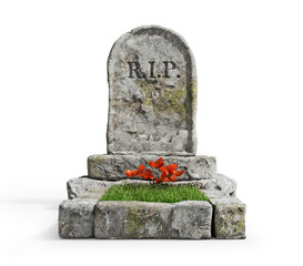 Stone grave with grass isolated on a white background. 3d illustration - obrazy, fototapety, plakaty