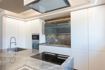 Interior of modern luxury apartment, empty attic, kitchen open space