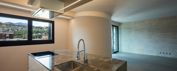 Interior of modern luxury apartment, empty attic, kitchen open space