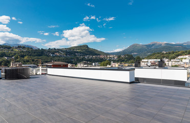 Panoramic view of the exteriors from the last floor of the modern building, urban landscape, nobody