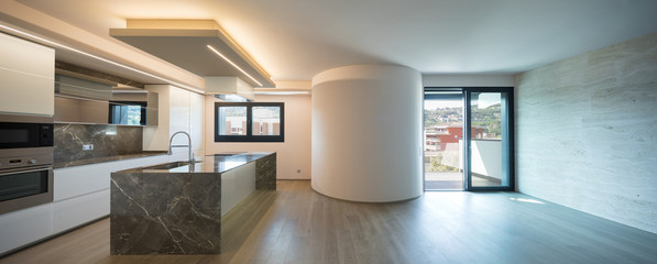 Interior of modern luxury apartment, empty attic, kitchen open space