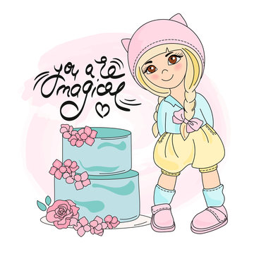CAKE GIRL Color Vector Illustration Set for Scrapbooking and Digital Print on Card and Photo Children’s Albums