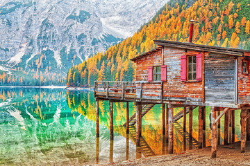 Autumn landscape of mountain lake. Famous travel destination in Europe - lake Braies, breathtaking...