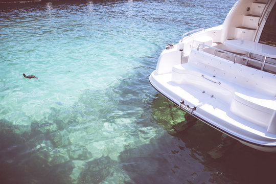 Rumpf einer Yacht, hellblaues Wasser