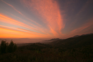 Romantic mountain and sky sunset view and background