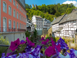 die historische altstadt von monschau in der eifel mit fachwerkhäusern im tal der rur, im...