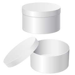 Round gift box. White blank open and closed containers