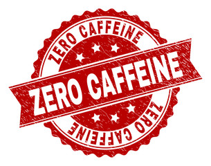 ZERO CAFFEINE seal print with corroded texture. Rubber seal imitation has round medal shape and contains ribbon. Red vector rubber print of ZERO CAFFEINE label with corroded texture.