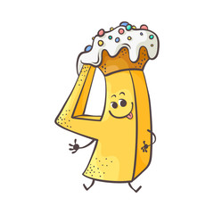 Cute cookie number four 4 character with delicious cake, biscuit at his head. Typographic humanized symbol with hands arm and face emotions. Kids birthday holiday party font sign. Vector illustration