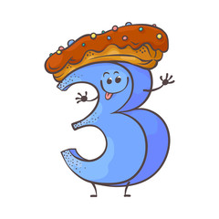 Cute cookie number three 3 character with delicious donut at his head. Typographic humanized symbol with hands, arm and face emotions. Kids birthday holiday party font sign. Vector illustration