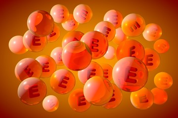 Transparent vitamin E pills on colorful background. Alpha-tocopherol capsules. Vitamin and mineral complex. 3d illustration