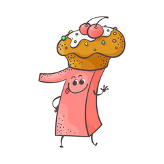 Cute cookie number one 1 character with delicious cake, biscuit at his head. Typographic humanized symbol with hands, arm and face emotions. Kids birthday holiday party font sign. Vector illustration