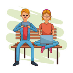 People seated on park chair using technology vector illustration graphic design