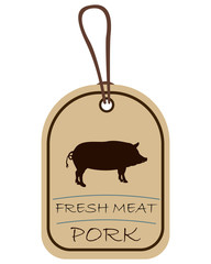 String tag, meat label. Label with illustration of pork. Price list for pork meat. Meat tag with pig image