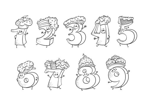 Cute number cartoon characters with sweet cakes and pies for hats set - funny hand drawn outline mathematical elements for children birthday invitation or teaching in isolated vector illustration.