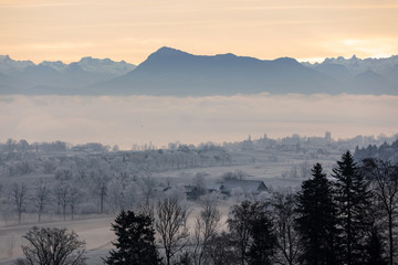 Ice cold winter morning with fog and Mount Rigi in the background during the dawn in Central Switzerland