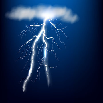 Lightning discharge on blue background with a cloud. Special vector effect.