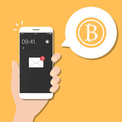 Gold bitcoin payment message on mobile phone concept.