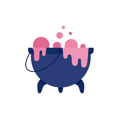 Cartoon magic witch cauldron, pot or bowl with boiling brew. Spooky halloween holiday symbol for kids trick or treat traditional horror celebration design. Vector illustration