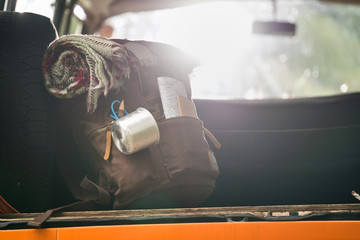 Backpack inside a truck, ready for hiking