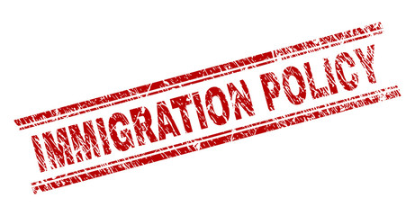 IMMIGRATION POLICY seal stamp with distress texture. Red vector rubber print of IMMIGRATION POLICY text with grunge texture. Text tag is placed between double parallel lines.