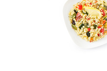Couscous with vegetables isolated on white background. Top view. Copyspace