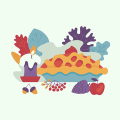 Thanksgiving pie, candle and autumn forest symbols - leaves, berries and acorn pattern. Cartoon vector illustration with apple, pumpkin cake. Sign of thanksgiving holiday, autumn and harvest.