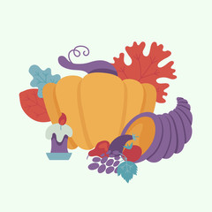 Horn of plenty or cornucopia, pumpkin with candle and autumn forest symbols - leaves, berries pattern. Cartoon vector illustration. Sign of thanksgiving holiday, autumn and harvest.