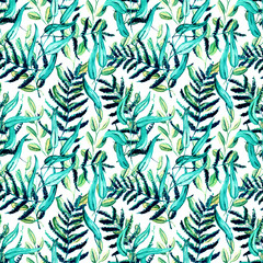 Seamless Realistic Watercolor Greenery Pattern. Hand Drawn Leaves and Branches Print. Summer, Spring Forest Herbs, Plants Texture. Foliage in Vintage Style. Nature Eco Friendly Concept. Textile.