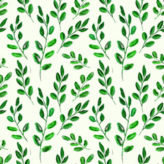 Seamless Realistic Watercolor Greenery Pattern. Hand Drawn Eucalyptus Leaves and Branches Print. Summer, Spring Forest Herbs, Plants Texture. Foliage in Vintage Style. Nature Eco Friendly Concept.