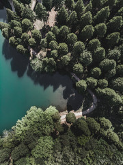 ドローン撮影した森の中の湖