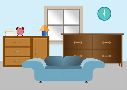 Interior of the living room, Design of a cozy room with sofa, cabinet and decor accessories - Vector illustration