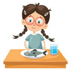 Vector Illustration Of Kid Eating Fish