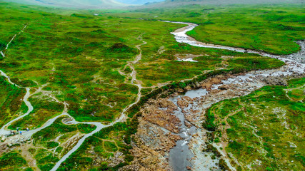 Aerial view over Hiking trails on the Isle of Skye in Scotland