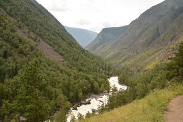 Fototapeta premium mountains, landscape, nature, waterfall, view, sky, air, oxygen, autumn, season, grass, trees, blue, yellow, sand, stone, gray, brown, water, river, rocks, rock, blue, Alt