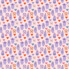 Cute cartoon. Funny monsters, heart, love. Vector seamless pattern.