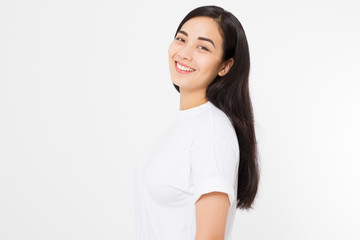 Portrait of smiling Brunette asian girl with long and shiny straight female hair isolated on white...