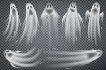 Obraz premium Zestaw realistycznych duchów na przezroczystym tle. Ilustracja wektorowa 3d symboli halloween.