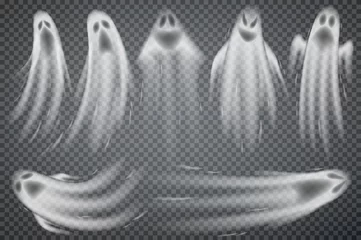Poster Set of realistic ghosts isolated on transparent. Vector illustration of 3d symbols of halloween. © Yaran