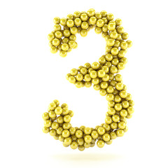 3D render number 3 made of yellow points balls, bowl alphabet