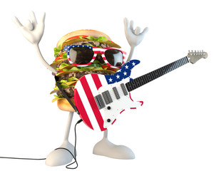 Hamburger 3D character with guitar over white background