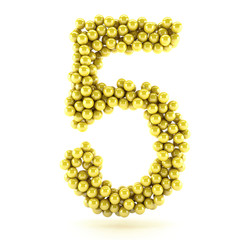 3D render number 5 made of yellow points balls, bowl alphabet