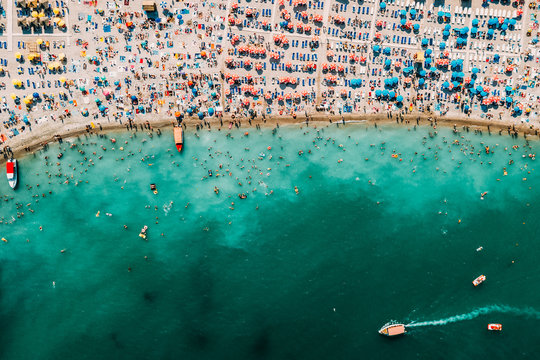 Aerial Drone View Of People Having Fun And Relaxing On Costinesti Beach In Romania At The Black Sea
