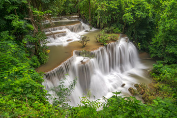 Beautiful waterfall in deep forest, Huay Mae Kamin Waterfall in Kanchanaburi Province, Thailand