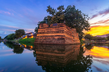 Chiang Mai old city ancient wall and moat (SI PHUM CORNER) with evening It is a major tourist attraction in Chiang Mai, Thailand.