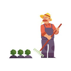 Farmer in straw hat with rake cares for cabbage or broccoli - cute male farm character doing agricultural work for eco-friendly and organic food concept in isolated flat vector illustration.